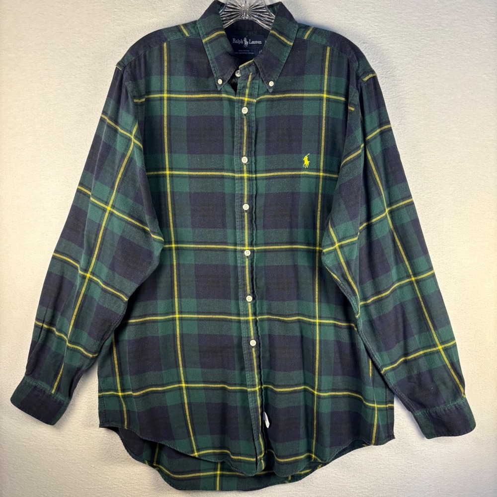 Ralph Lauren Mens Flannel Shirt L Green Navy Yellow Plaid Made in USA Cotton - Picture 2 of 7